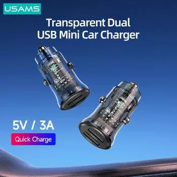 USAMS 5V 3A 15W Dual USB Автомобильное зарядное устройство Мини-автомобильное быстрое зарядное устройство с синим окружающим освещением для iPhone 13 12 iPad Huawei Samsung Xiaomi Dual USB Car Charger синий