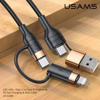 USAMS 60 Вт USB C PD Быстрое зарядное устройство 4 в 1 USB Type C к Type C Lightning Cable для Iphone 12 pro max ipad pro huawei Xiaomi планшетов 1.2M чёрный