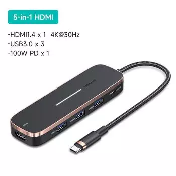 USAMS 6 в 1 PD 100 Вт Тип C Концентратор USB C-HDMI-совместимый 1,4 USB3.0 TF SD-слот Концентратор Разветвитель док-станции Адаптер-концентратор 5 в 1 для ноутбука MacBook IPad 5 in 1 чёрный
