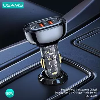 USAMS 80 Вт Автомобильное зарядное устройство QC PD Быстрая зарядка Быстрая USB Type C Автомобильное зарядное устройство для телефона iPhone Huawei Xiaomi Прозрачный цифровой дисплей 80W синий