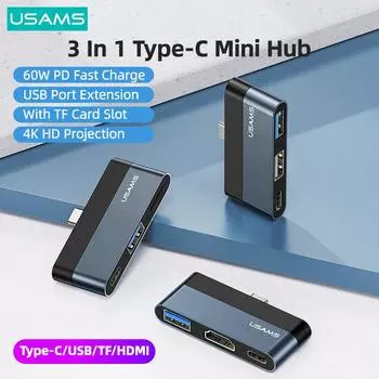 USAMS Mini Hub PD 60 Вт Тип C к USB 3.0 2.0 HDMI 1.4 TF-карта USB-разветвитель Адаптер USB-концентратор Расширитель для iPad Pro Ноутбук Телефон ПК USB+TF+PD чёрный