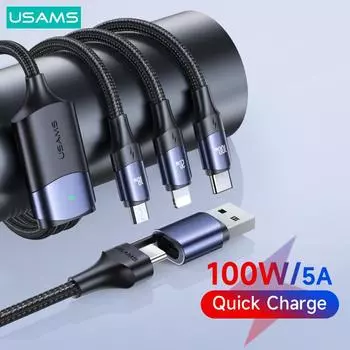 USAMS PD 100 Вт 5 в 1 кабель для быстрой зарядки данных QC 3,0 USB to Type C Micro USB кабель Lightning для iPhone iPad Huawei Xiaomi Samsung PD 100W 5 In 1 - 1.2M чёрный