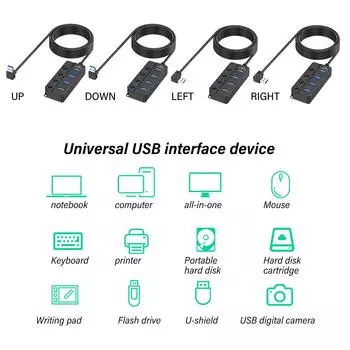 USB 2.0 концентратор 4 порта высокоскоростной адаптер с индивидуальными переключателями для передачи данных ПК ноутбука (черный) 100