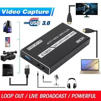 USB 3.0 HDMI Видеозахват Карта Конвертер с HDMI Loop 4K 1080P Аудио Видео Захват Конвертер для Ноутбука ПК ТВ Видео Запись Прямая Трансляция чёрный