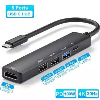 USB 3.0 HUB PD 100 Вт 4K 30 Гц USB C HUB Multi USB Splitter Адаптер питания USB 3.0 Multiple Expander Для HUAWEI Xiaomi Macbook