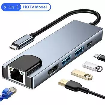 Usb 5 в 1 Type-C 3 1 к 4k HDTV концентратор адаптер с SD TF 100M RJ45 Car d Reader Pd быстрая зарядка для Macbook ноутбук компьютер серый