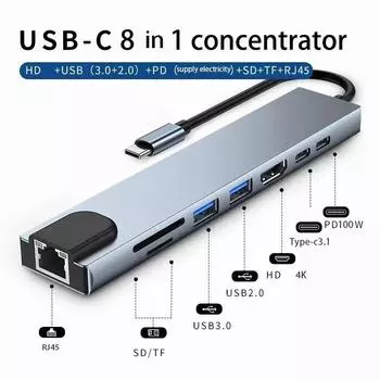USB 8 в 1 тип C 3 1 до 4k адаптер HdTV-концентратора с устройством чтения карт SD Tf Pd быстрая зарядка для ноутбука Macbook серый