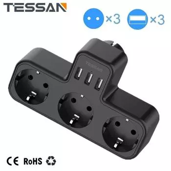 USB-адаптер TESSAN для настенной розетки, вилка стандарта ЕС с 3 розетками и 3 USB, несколько европейских вилок, защита от перегрузки 1 Outlets & 2 USB Ports серый
