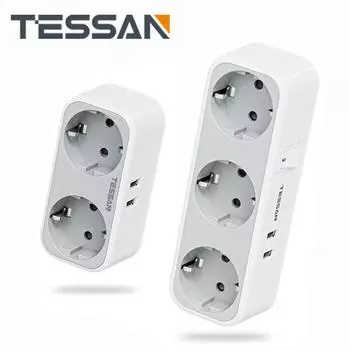 USB-адаптер TESSAN EU с 2/3 розетками переменного тока и 2 USB-портами для зарядки, с множеством средств защиты, для смартфона, планшета, MP3