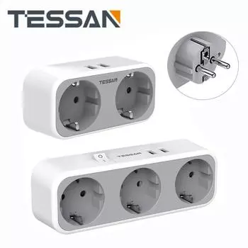USB-адаптер TESSAN EU с 2/3 розетками переменного тока и 2 USB-портами для зарядки, настенная розетка USB-зарядное устройство с множеством средств защиты для дома, офиса, кухни 3 Outlets & 2 USB Ports серый