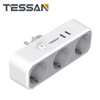 USB-адаптер TESSAN с 1/3 розетками переменного тока и 2 USB-портами для зарядки, многоточечный удлинитель с вилкой европейского стандарта, для смартфона, планшета, MP3 1 Outlet & 2 USB Ports серый