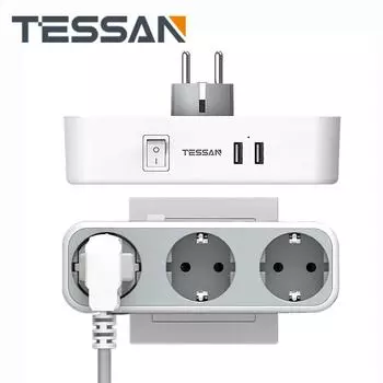 USB-адаптер TESSAN с 3 розетками переменного тока и 2/3 USB-портами для зарядки, многоточечный удлинитель с вилкой европейского стандарта, для смартфона, планшета, MP3 3 Outlets & 3 USB Ports серый