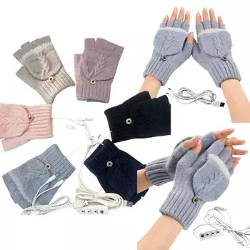 USB электрические перчатки для обогрева, полупальцы, замшевые, трикотажные, жаккардовые, зимние, модные, женские, шерстяные, без пальцев