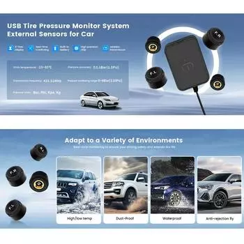 USB Android TPMS Система контроля давления в шинах Дисплей Сигнализация Внутренние датчики для автомобильной навигации Автомобильное радио 4 датчика with External sensor
