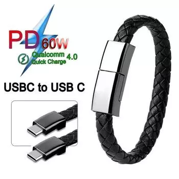 USB C Bracelet Cable Type C to C Data Fast Charging Cord Fashion Double Braided Wrist Quick Charge Line for iPhone 14 15 Samsung 20cm