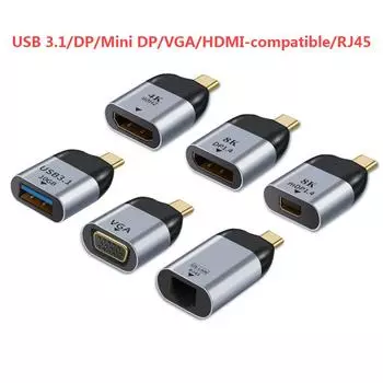 USB C - DP/Mini DP/VGA/RJ45/HD-совместимый адаптер USB Type C 8K/4K/1080P Video 1000Mbps Lan Ethernet Converter для Macbook
