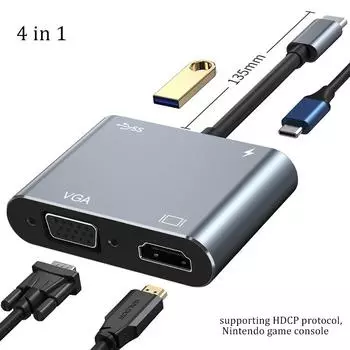Usb C Hub to 4K VGA USB C 3,0 HDMI-совместимый адаптер 4 в 1 для телефона Nintendo Macbook Huawei Xiaomi Ноутбук ТВ ПК Кабель-адаптер Usb серый