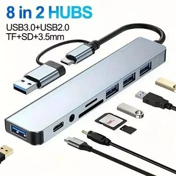 USB C Hub USB Splitter 8 in 2 USB Extender with 4 USB Port 1 USBC Port TF/SD Card Reader Audio Output Compatible for MacBook