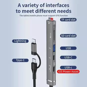Usb C Hub With Lightning Port, Read Usb Sd/Tf Memory Card With 2 Usb Type C Port/1x Usb 3.0 Port, 5-In-1 Multi Adapter Usb Hub серый