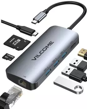 USB C-концентратор Vilcome 8in1 Type C-концентратор, многопортовый адаптер-преобразователь, док-станция, блок питания PD, LAN, 1 Гбит/с Ethernet, 4K HDMI-порт, устройство чтения карт памяти SD Micro