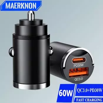 USB Car Adapter Mini Fast Charging Dual Ports Phone Type C QC3.0 PD 30W Phone Chargers in Car for IPhone Xiaomi Huawei Samsung Black