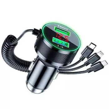 USB Car Charger Adapter 150W Fast Charge With Spiral Cable Black 3 in 1 12-24V
