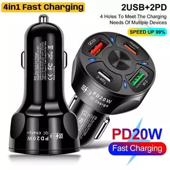 USB Car Charger Fast Charging 3/4 Ports USB Type C Fast Charger PD QC3.0 Car Phone Charger Adapter For Xiaomi Iphone Samsung