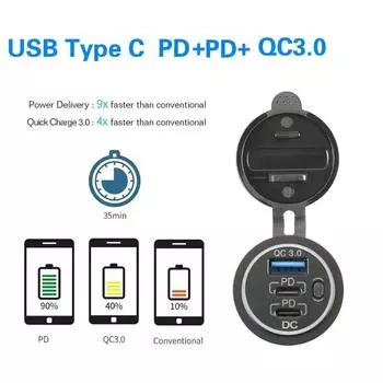 USB Car Charger Socket 12V USB Outlet 58W Dual PD USB-C QC3.0 Port Waterproof with Button Switch for Car ATV RV Boat Motorcycle