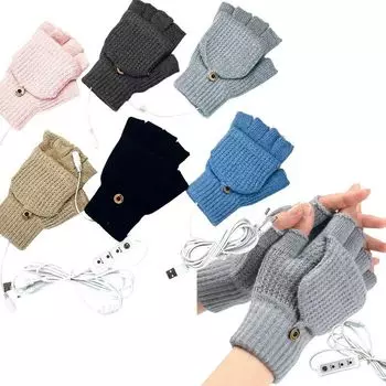 USB Electric Striped Flip-top Wool Warm Gloves New Half-finger Autumn and Winter Writing Fingerless Arm Sleeves for Men and Women