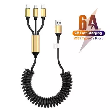 USB-кабель 6A 3 в 1 для Iphone 14 13 12 Pro Max Intrekbare Voorjaar 5A Type C Micro Usb Opladen Draad для Samsung Xiaomi