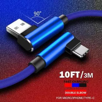 USB-кабель для быстрой зарядки, 90 градусов, 3 А, подходит для iPhone/Android/кабеля типа C. Нейлоновый кабель USB C. 0.35M Micro USB чёрный
