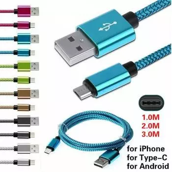 USB-кабель для быстрой зарядки с нейлоновой оплеткой для передачи данных для IPhone Samsung XiaoMi HuaWei 0.25m for Android чёрный