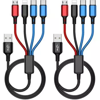 USB-кабель для зарядки 4 в 1 USB-кабель C, нейлоновый оплетенный USB-кабель 3 в 1 для зарядки мобильных наушников и других устройств (Двойной 2шт) Многозарядный (Небыстрый
