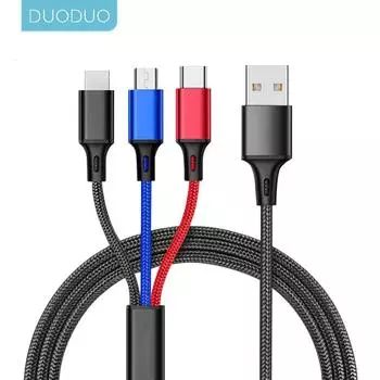 USB-кабель DUODUO 3 в 1 для iPhone 13 12 XS Max XR X 8 7, зарядное устройство, кабель Micro USB для Android, USB TypeC, кабели для мобильных телефонов 1.2M 3IN1 золотой