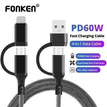 USB-кабель Fonken 4 в 1, 3A, USB C к Lightning, кабель для iPhone 15, 14, 13 Pro, быстрое зарядное устройство, 3A, PD60W, USB Type-C для Samsung, Xiaomi, шнур для передачи данных чёрный