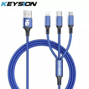 USB-кабель KEYSION 3 в 1 для мобильного телефона, зарядный кабель Micro USB Type C для быстрой зарядки iPhone 1.2m синий