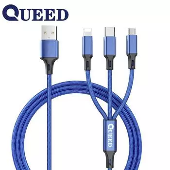 USB-кабель QUEED 3 в 1 для мобильного телефона с микро-USB типа C для быстрой зарядки iPhone чёрный