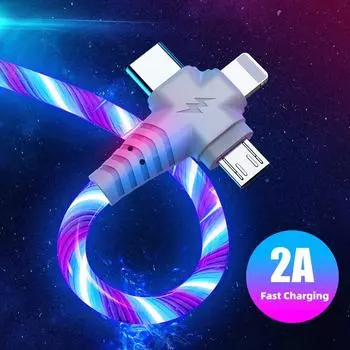 USB-кабель с светящимся освещением 3 в 1 для iPhone 12 11 Pro 3 в 1, 2 в 1, светодиодный Micro USB Type C, 8-контактное зарядное устройство, провод для Huawei Xiaomi Samsung 1m разноцветный