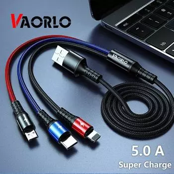 USB-кабель VAORLO Super Charge 3 в 1 для Huawei для iPhone 11 Pro Max 3 в 1 2 в 1, 8-контактный кабель Micro USB Type C для быстрой зарядки для Samsung чёрный