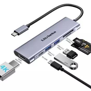 USB-концентратор C, адаптер 7 в 1, зарядка PD 100 Вт, в комплект входит 4K-кардридер, совместимый с MacBook, iPad, iPhone, Galaxy, Surface, HDMI, MicroSD/SD серый