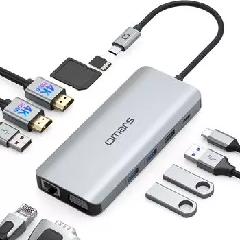 USB-концентратор C для трех дисплеев Omars USB-концентратор типа C, док-станция HDMI 4K 100 Вт, быстрый MacBook Pro 11-в-1 [двойной HDMI/VGA/зарядка PD/1 Гбит/с Ethernet/4 USB-A