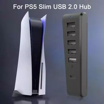 USB-концентратор Разъем для концентратора-разветвителя Расширитель-сплиттер 4 USB 2.0 + 1 USB-порт для зарядки + 1 порт типа C Высокоскоростная передача Подходит для тонкой консоли PS5 чёрный