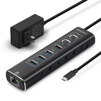 USB-концентратор ROSONWAY 10 Гбит/с 7 в 1 LAN-адаптер-преобразователь USB C USB A USB алюминиевый USB-концентратор и блок питания 12 В 2 А с независимым выключателем 3.2x2 3.2x1 чёрный