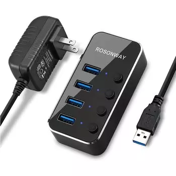 USB-концентратор ROSONWAY с блоком питания, 4-портовый USB-концентратор и алюминиевый корпус со скоростью передачи данных 5 Гбит/с и независимым коммутатором для концентратора, в комплект входит адаптер переменного тока 3.0