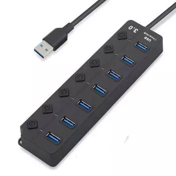USB-концентратор с 7 портами USB-концентратор для ПК, USB-разветвитель-удлинитель с индивидуальными переключателями включения/выключения, совместимый с MacBook чёрный