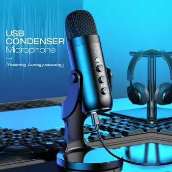 USB-микрофон для ПК, Mac, игр, записи, потокового вещания, подкастинга, компьютерный конденсаторный микрофон с телефонным адаптером и выходом для наушников чёрный