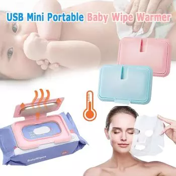 USB Mini Portable Baby Wipe Warmer and Baby Wet Wipes Dispenser Holder Reusable Baby Wipes Heater for Newborn Travel синий