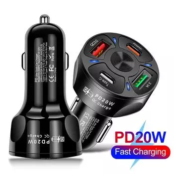 USB PD Car Charger 4 Ports USB Type C Fast Charging Phone Adapter For iPhone 15 14 Xiaomi Samsung Huawei QC3.0 USB C Car Charger чёрный