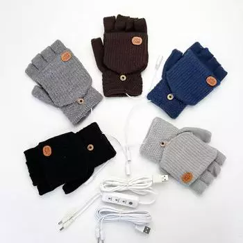 USB-перчатки с электроподогревом для взрослых студентов, трикотажные, с откидной крышкой, с полупальцами, с рисунком «медвежья лапа», с двусторонним подогревом, 3-ступенчатая регулировка температуры, опционально One size