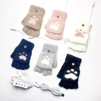 USB-перчатки с электроподогревом для взрослых студентов, трикотажные, с откидной крышкой, с полупальцами, с рисунком «медвежья лапа», с двусторонним подогревом, 3-ступенчатая регулировка температуры, опционально average size double-sided heating